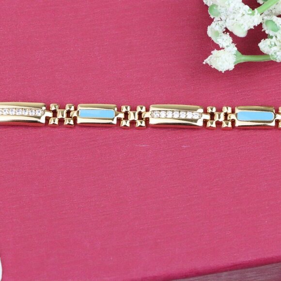 "Elegant Rose Gold Bracelet with Blue Enamel and CZ Accent Links, XPBL0738 - Picture 12 of 12